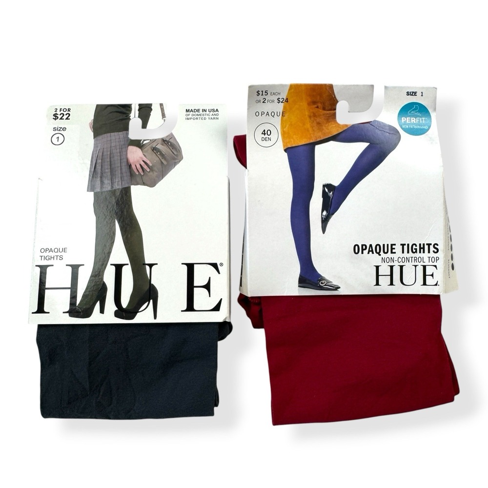 HUE Opaque Tights 2 Pair Bundle Cobblestone Grey Deep Red Size 1 Non-Control Top